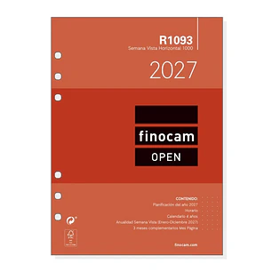 Finocam R1093 Recambio para Agenda Open - Anual 2027 - Semana Vista Horizontal - Formato 1000 - 155x215mm - 6 Taladros - Papel de 80g/m2 - Color Blanc