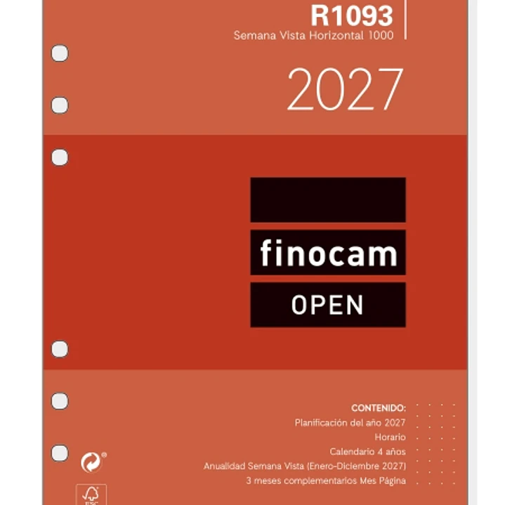 Finocam R1093 Recambio para Agenda Open - Anual 2027 - Semana Vista Horizontal - Formato 1000 - 155x215mm - 6 Taladros - Papel de 80g/m2 - Color Blanc 1