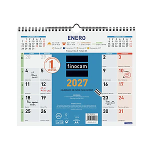 Finocam Color Calendario de Pared - Anual 2027 - Mes Vista - 300x247mm - Espiral Doble - Papel de 120g/m2 - Espacio para Escribir - Color Azul y Blanc