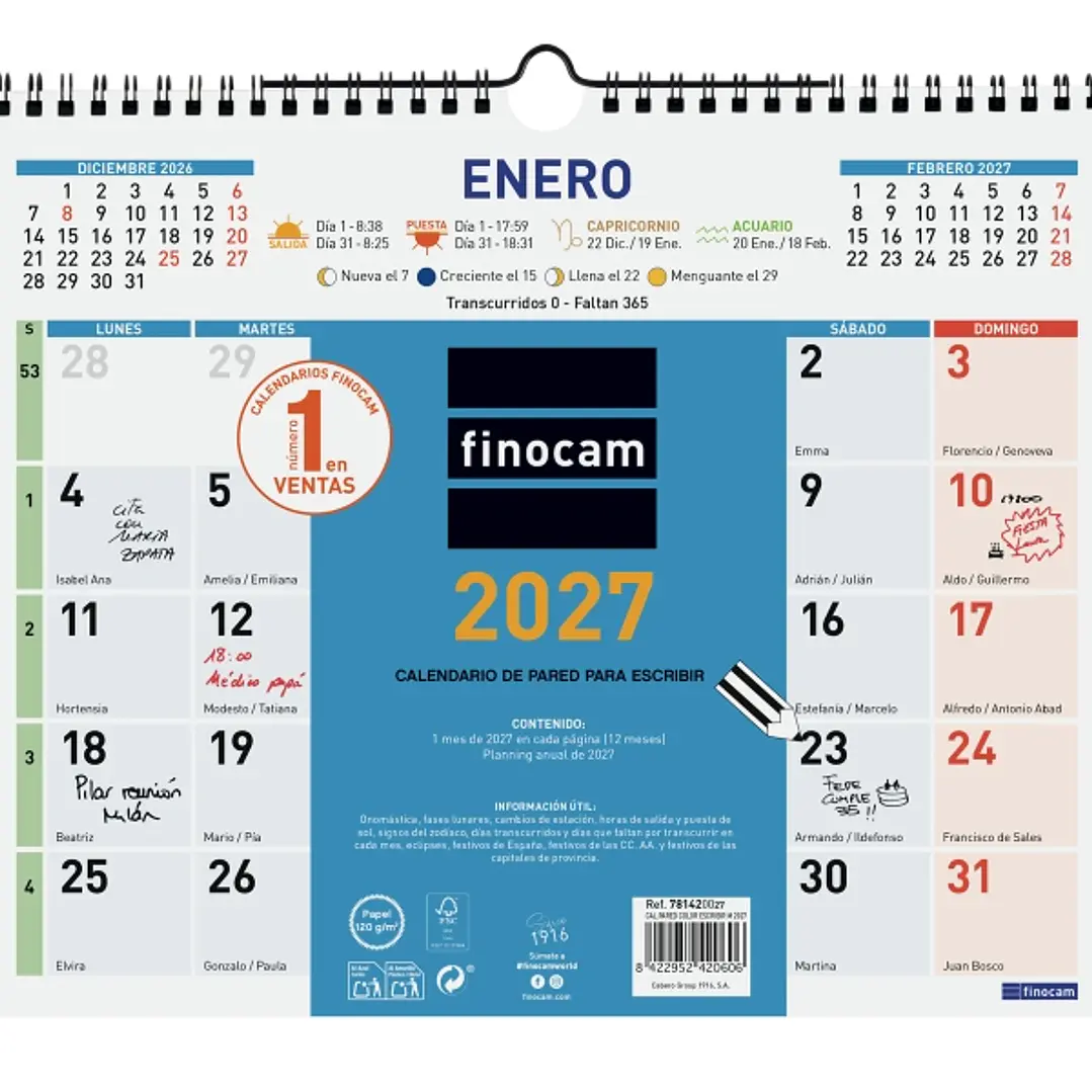 Finocam Color Calendario de Pared - Anual 2027 - Mes Vista - 300x247mm - Espiral Doble - Papel de 120g/m2 - Espacio para Escribir - Color Azul y Blanc 1