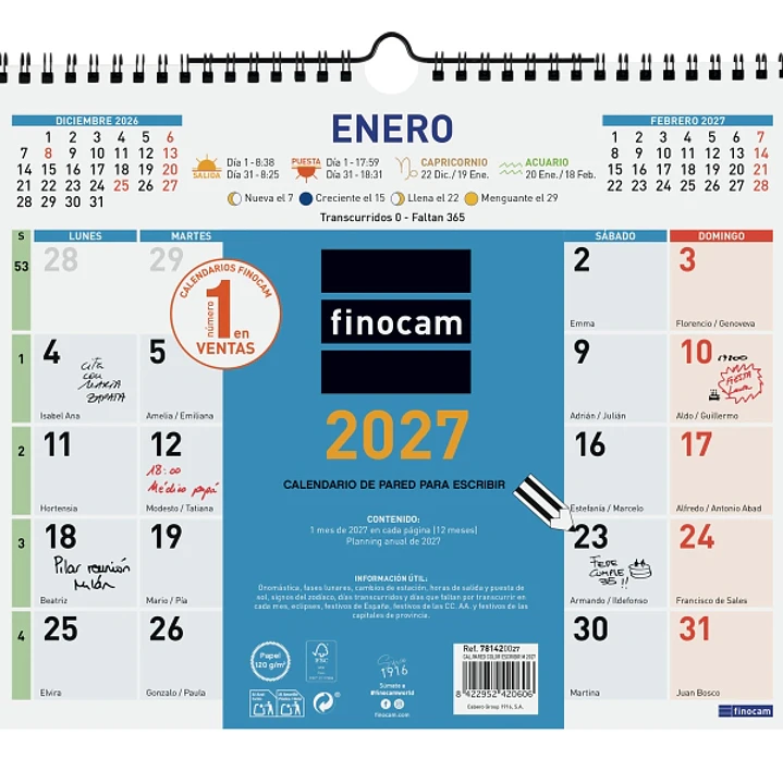 Finocam Color Calendario de Pared - Anual 2027 - Mes Vista - 300x247mm - Espiral Doble - Papel de 120g/m2 - Espacio para Escribir - Color Azul y Blanc 1