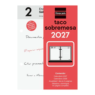 Finocam Neutro Taco Calendario de Sobremesa - Anual 2027 - 2 Paginas por Dia - 85x120mm - Papel de 70g/m2 - Color Rojo y Blanco