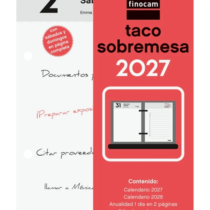 Finocam Neutro Taco Calendario de Sobremesa - Anual 2027 - 2 Paginas por Dia - 85x120mm - Papel de 70g/m2 - Color Rojo y Blanco 1