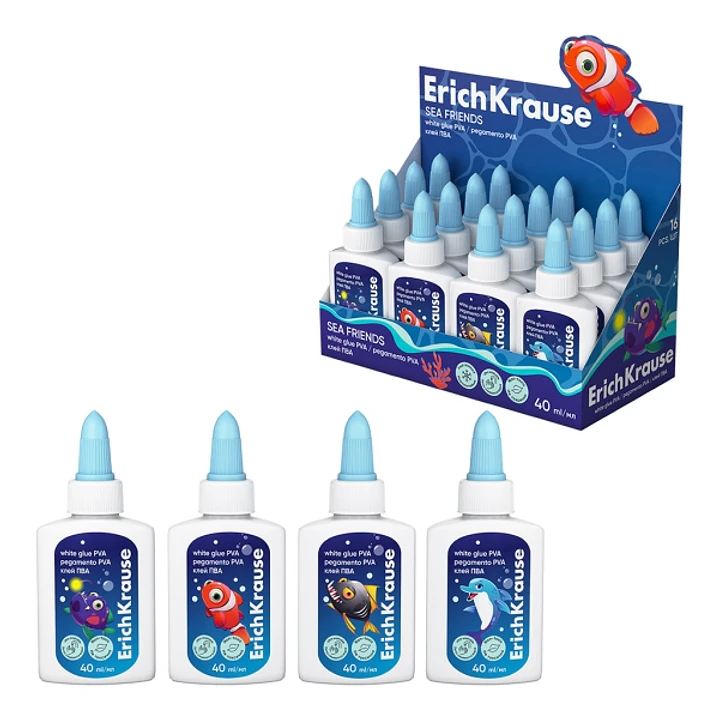 ErichKrause EasyStick Sea Friends Expositor con 16 Botellas de Cola Blanca - 40ml - Aplicador Autolimpiante - No Toxico - Facil de Lavar con Agua - si 1
