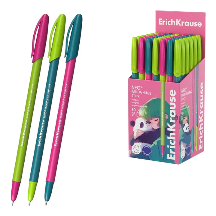 ErichKrause Neo Stick Panda Hugs Boligrafo con Capuchon - Modelos Surtidos - Trazo 0.26mm - Tinta de Baja Viscosidad - Tapa Ventilada - Color Azul 1