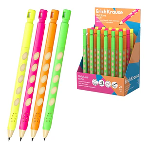 ErichKrause GripLine Neon Expositor con 24 Portaminas - Mina HB de 2.0mm - Agarre Triangular - Sacapuntas Integrado - Ergonomico - Colores Surtidos