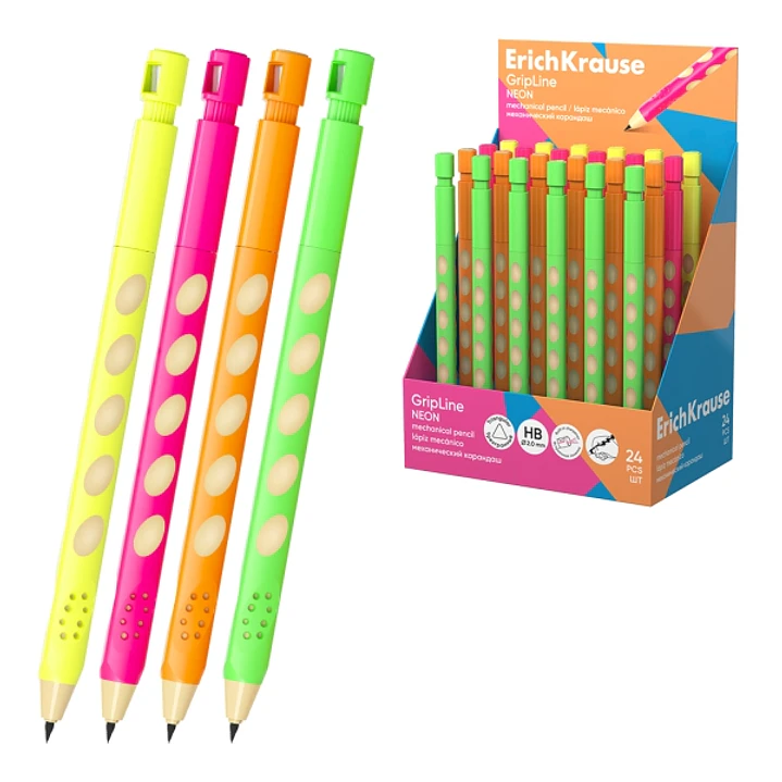 ErichKrause GripLine Neon Expositor con 24 Portaminas - Mina HB de 2.0mm - Agarre Triangular - Sacapuntas Integrado - Ergonomico - Colores Surtidos 1