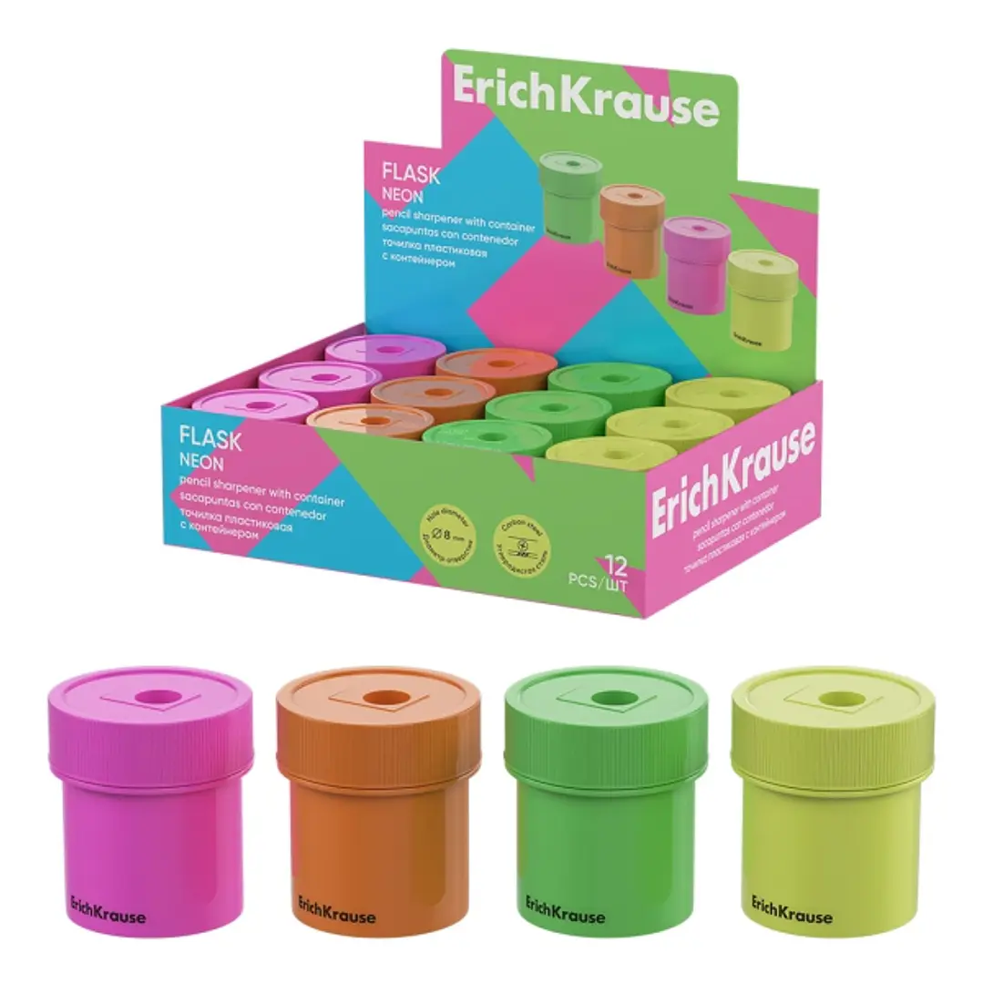 ErichKrause Flask Neon Expositor con 12 Sacapuntas con Contenedor - Plastico - Cuchilla Niquelada de Acero al Carbono - Orificio de 8mm - Colores Surt 1