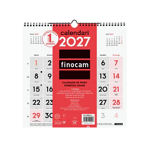 Finocam Neutro Calendario de Pared en Catalan - Anual 2027 - Mes Vista - 300x300mm - Espiral Doble - Papel de 120g/m2 - Numeros Grandes - Color Rojo y