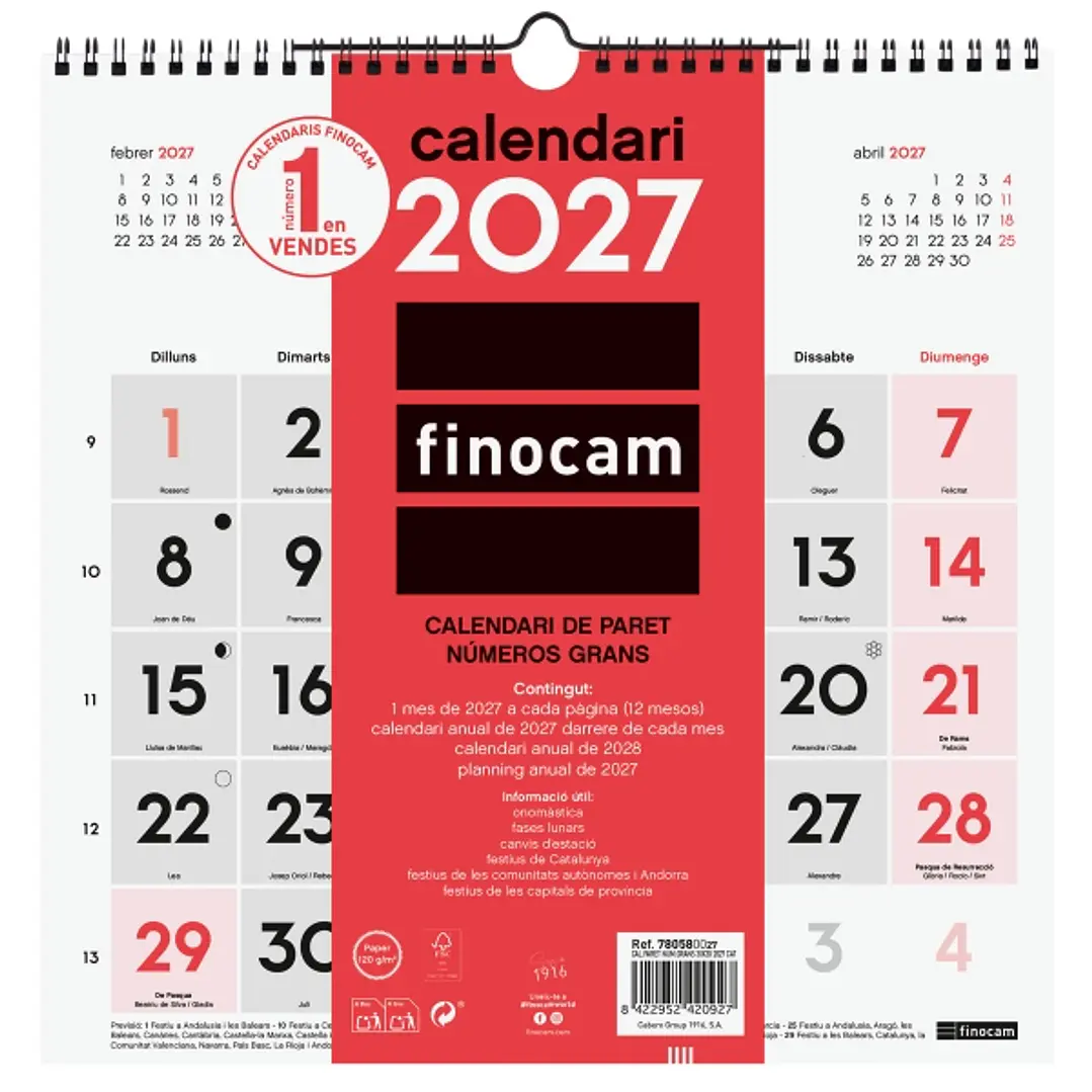 Finocam Neutro Calendario de Pared en Catalan - Anual 2027 - Mes Vista - 300x300mm - Espiral Doble - Papel de 120g/m2 - Numeros Grandes - Color Rojo y 1