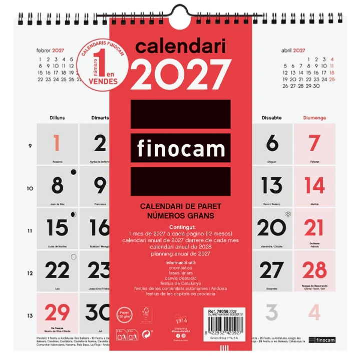 Finocam Neutro Calendario de Pared en Catalan - Anual 2027 - Mes Vista - 300x300mm - Espiral Doble - Papel de 120g/m2 - Numeros Grandes - Color Rojo y 1
