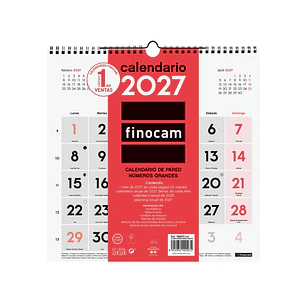 Finocam Neutro Calendario de Pared - Anual 2027 - Mes Vista - 300x300mm - Espiral Doble - Papel de 120g/m2 - Numeros Grandes - Color Rojo y Blanco