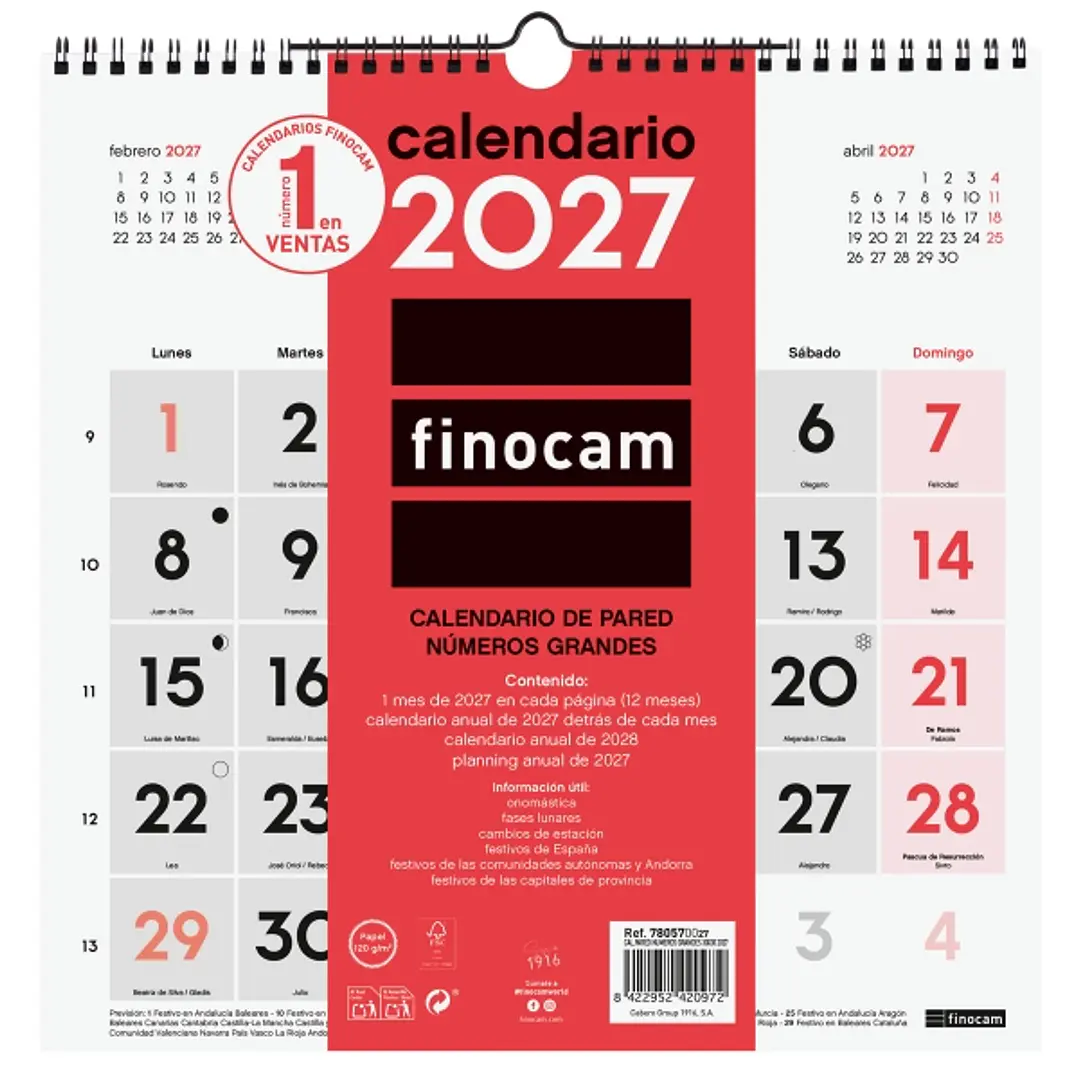 Finocam Neutro Calendario de Pared - Anual 2027 - Mes Vista - 300x300mm - Espiral Doble - Papel de 120g/m2 - Numeros Grandes - Color Rojo y Blanco 1