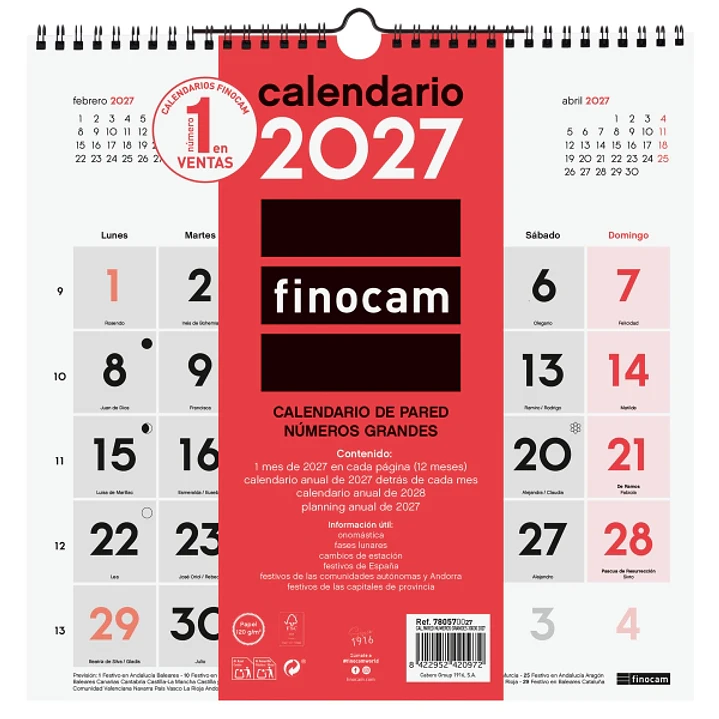 Finocam Neutro Calendario de Pared - Anual 2027 - Mes Vista - 300x300mm - Espiral Doble - Papel de 120g/m2 - Numeros Grandes - Color Rojo y Blanco 1