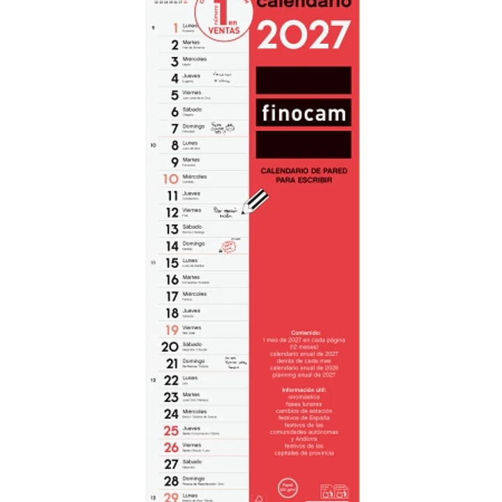 Finocam Neutro Calendario de Pared - Anual 2027 - Mes Vista - Formato L - 155x430mm - Espiral Doble - Papel de 120g/m2 - Espacio para Escribir - Color 1