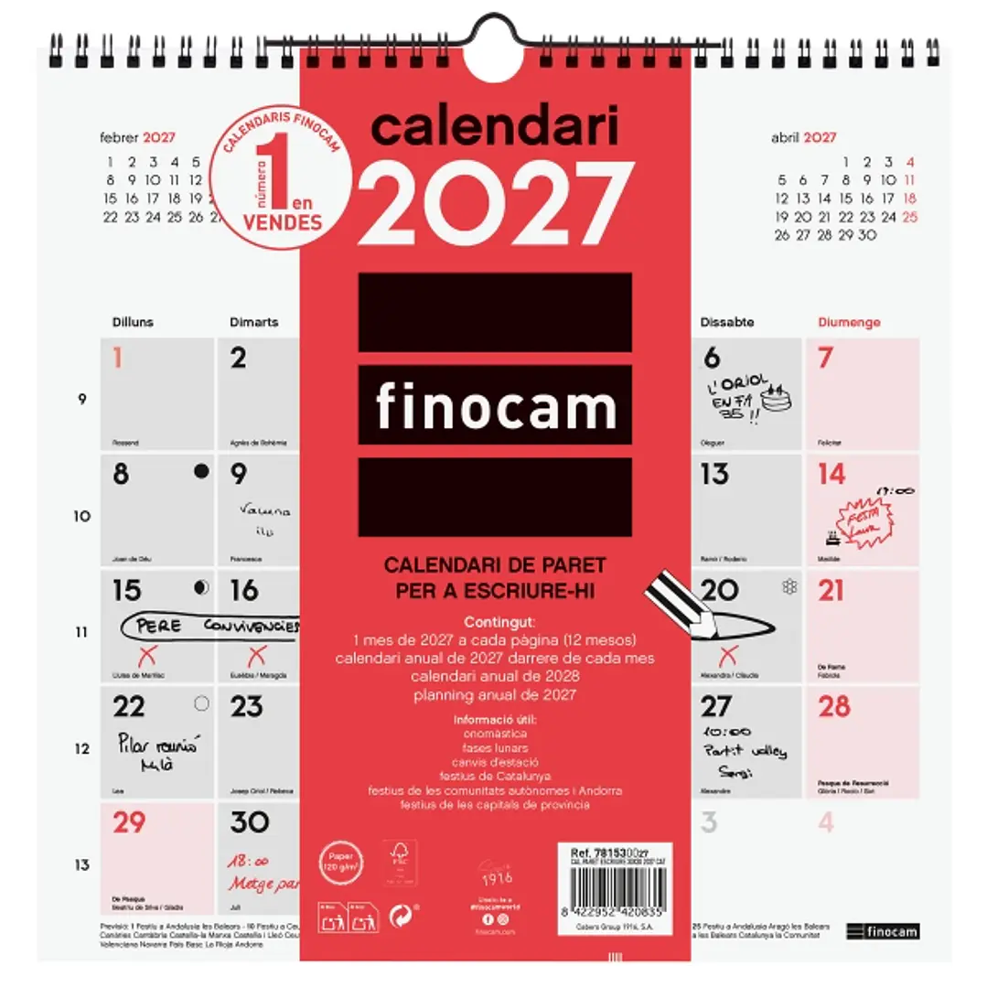 Finocam Neutro Calendario de Pared en Catalan - Anual 2027 - Mes Vista - 300x300mm - Espiral Doble - Papel de 120g/m2 - Espacio para Escribir - Color  1