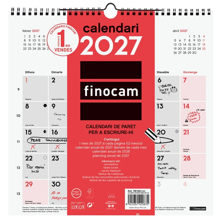 Finocam Neutro Calendario de Pared en Catalan - Anual 2027 - Mes Vista - 300x300mm - Espiral Doble - Papel de 120g/m2 - Espacio para Escribir - Color  1