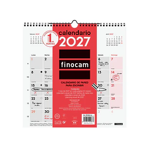 Finocam Neutro Calendario de Pared - Anual 2027 - Mes Vista - 300x300mm - Espiral Doble - Papel de 120g/m2 - Espacio para Escribir - Color Rojo y Blan