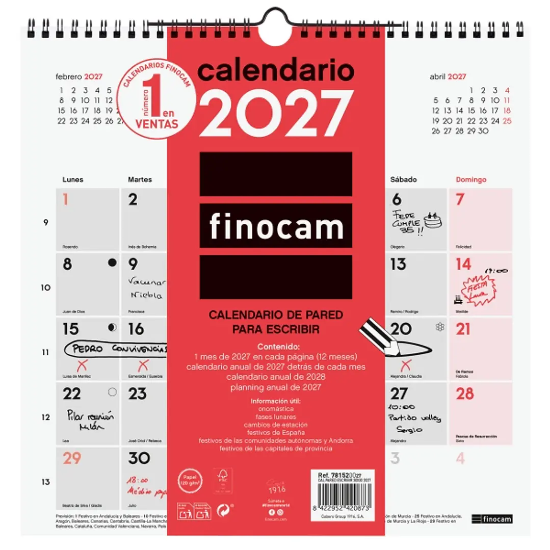 Finocam Neutro Calendario de Pared - Anual 2027 - Mes Vista - 300x300mm - Espiral Doble - Papel de 120g/m2 - Espacio para Escribir - Color Rojo y Blan 1