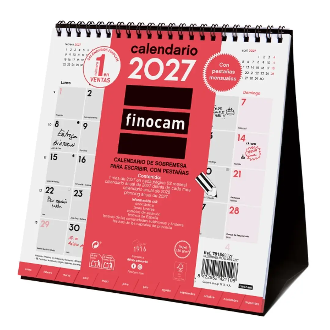 Finocam Neutro Calendario de Sobremesa - Anual 2027 - Mes Vista - Formato S - 190x190mm - Espiral Doble - Papel de 150g/m2 - Espacio para Escribir - C 1