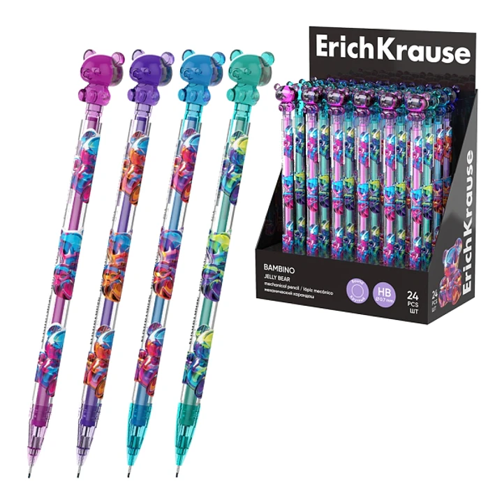 ErichKrause Bambino Jelly Bear Expositor con 24 Portaminas - Mina HB de 0.7mm - Osito Decorativo - Ergonomico - Colores Surtidos 1