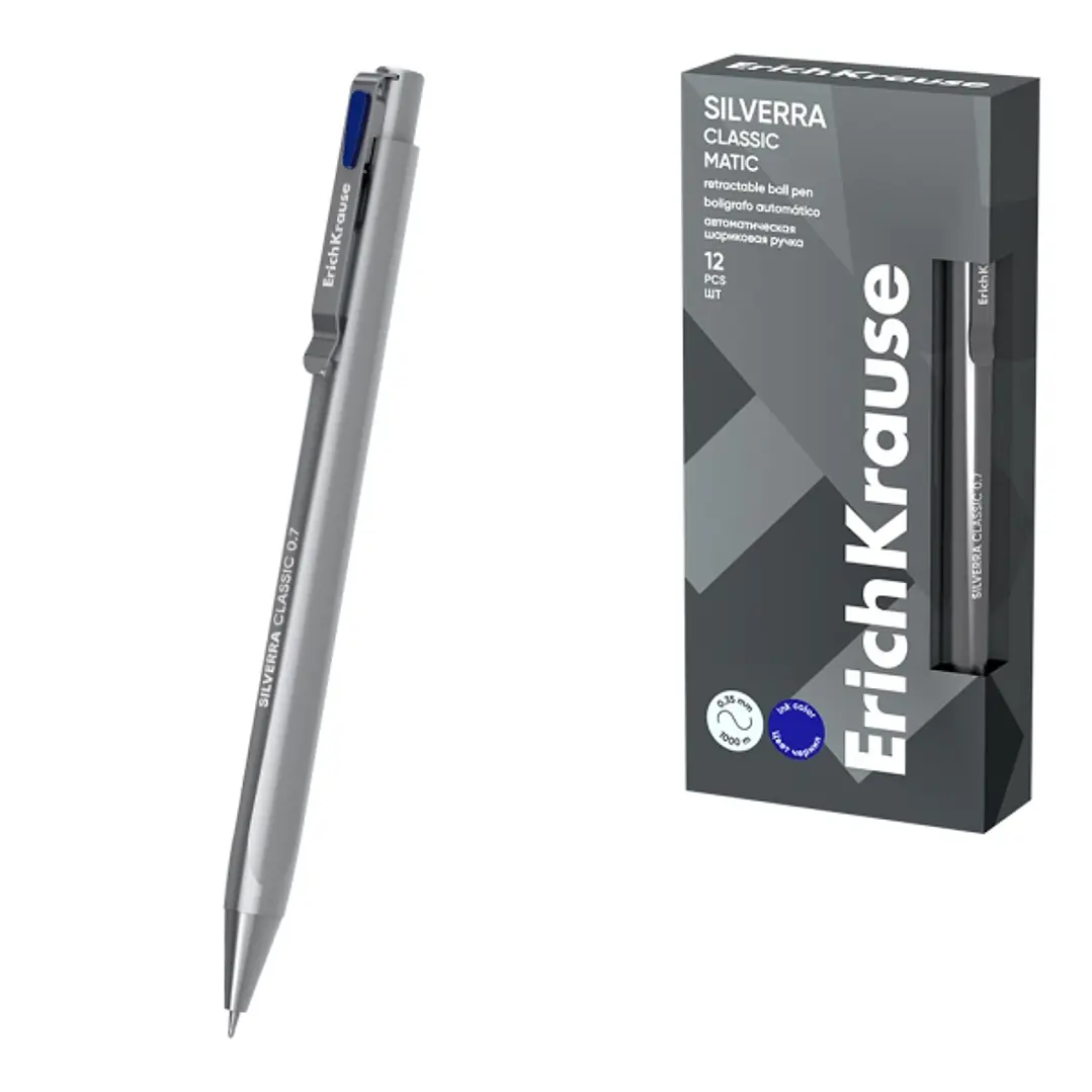 ErichKrause Silverra Matic Classic Boligrafo Retractil - Punta de 0.7mm - Cuerpo Gris - Trazo 0.35mm - Color Azul 1
