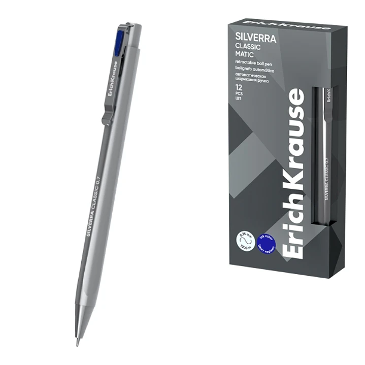 ErichKrause Silverra Matic Classic Boligrafo Retractil - Punta de 0.7mm - Cuerpo Gris - Trazo 0.35mm - Color Azul 1