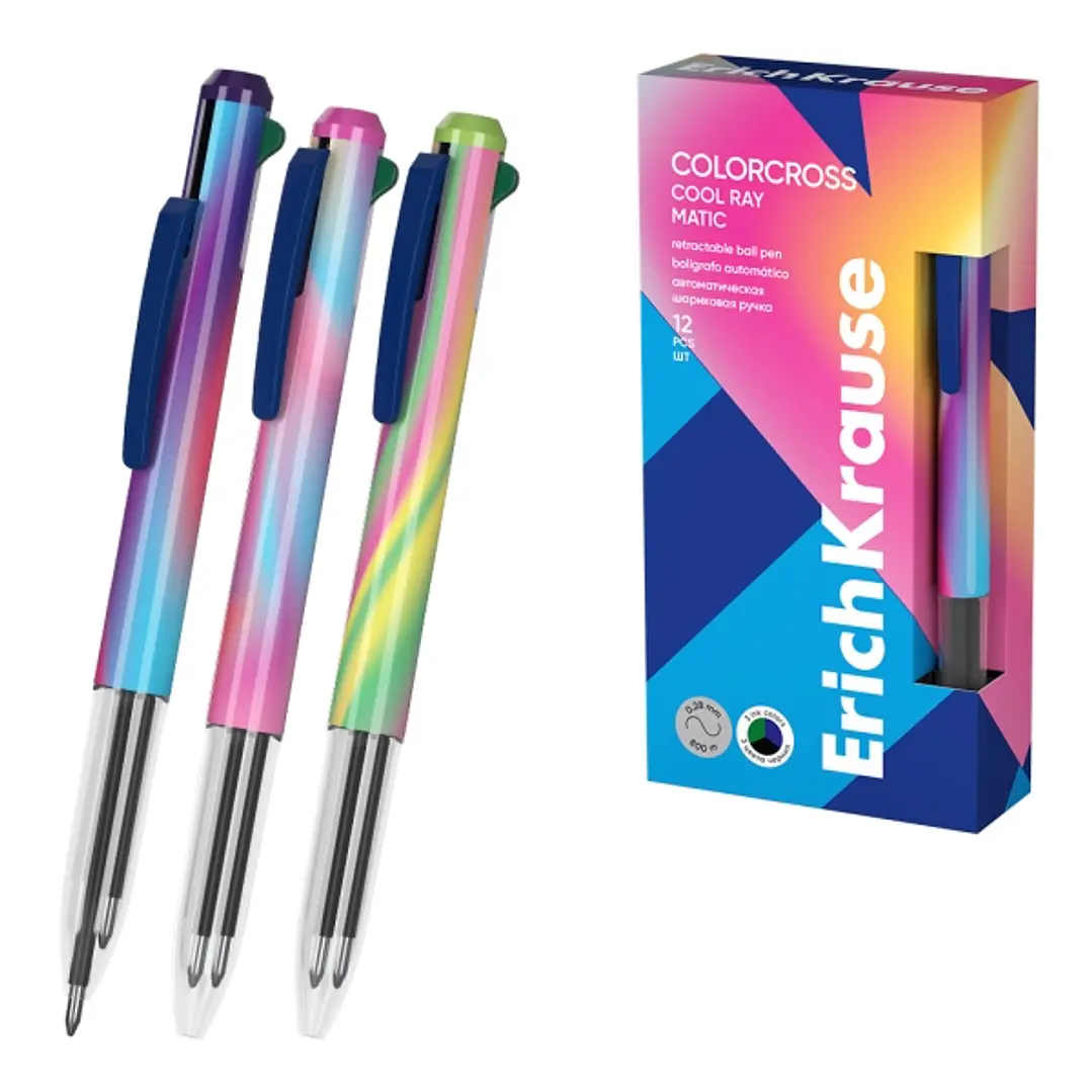 ErichKrause Colorcross Matic Cool Ray Boligrafo 3 en 1 - Punta de 0.7mm - Tinta Azul - Tinta Negra - Tinta Verde - Trazo 0.28mm - Colores Surtidos 1