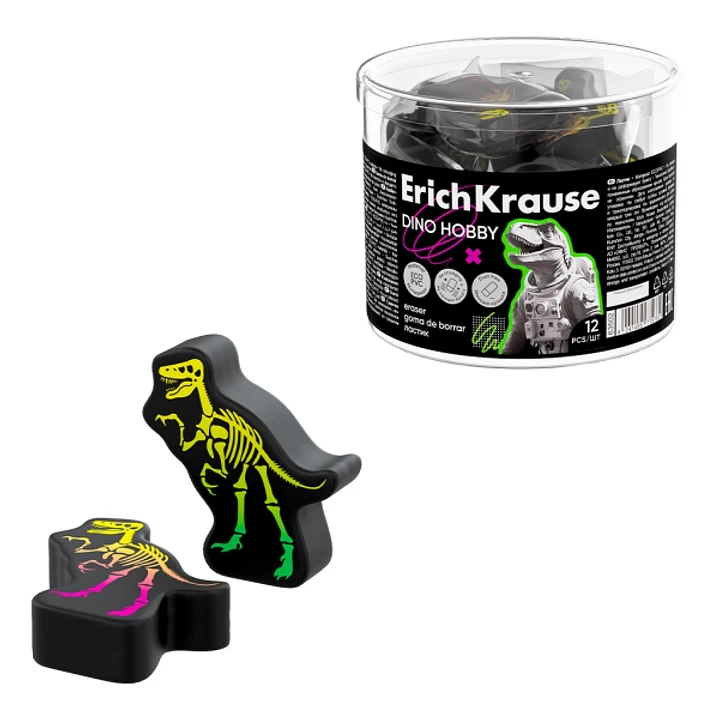 ErichKrause Dino Hobby Goma de Borrar - PVC Ecologico - No Deja Residuos - No Rasga el Papel - Colores Surtidos 1