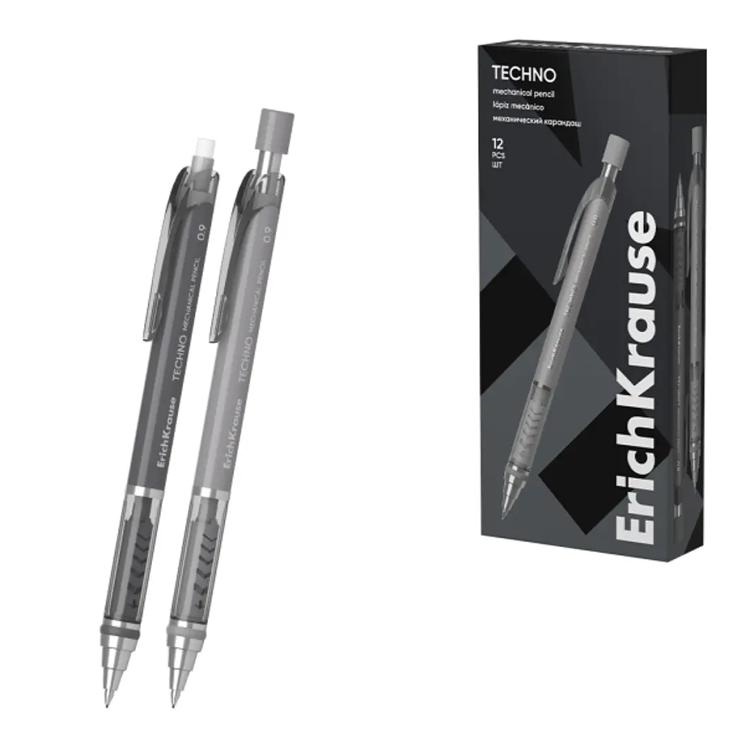 ErichKrause Techno Portaminas - Mina HB de 0.9mm - Goma de Borrar Integrada - Pinza - Cuerpo Redondo - Colores Surtidos 1