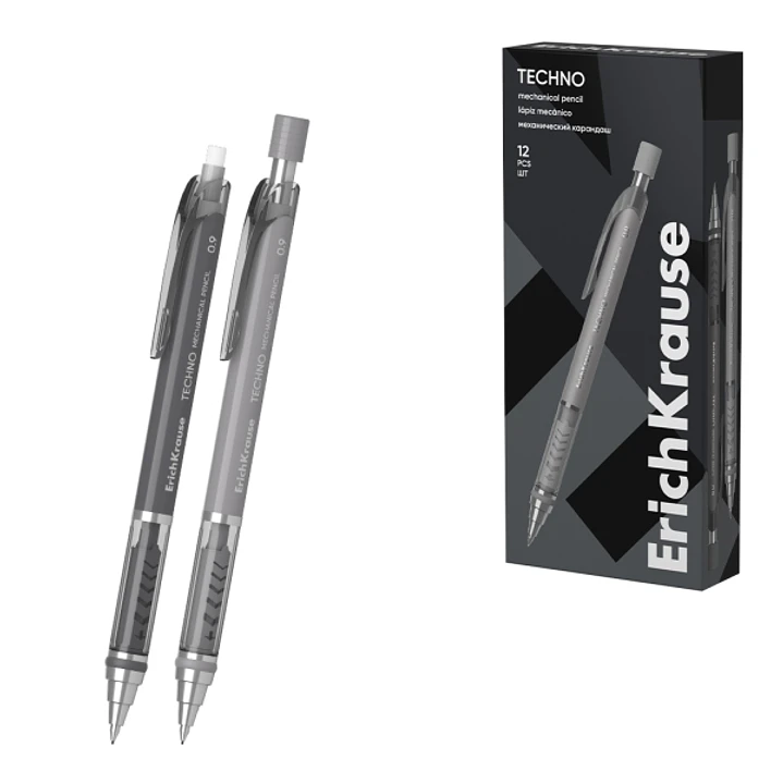 ErichKrause Techno Portaminas - Mina HB de 0.9mm - Goma de Borrar Integrada - Pinza - Cuerpo Redondo - Colores Surtidos 1