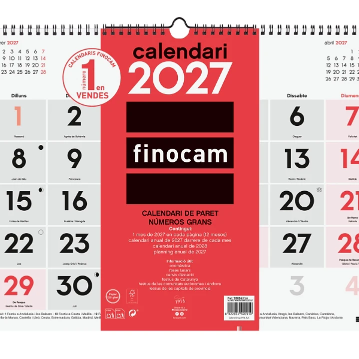 Finocam Neutro Calendario de Pared en Catalan - Anual 2027 - Mes Vista - Formato L - 430x310mm - Espiral Doble - Papel de 120g/m2 - Numeros Grandes -  1