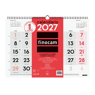 Finocam Neutro Calendario de Pared - Anual 2027 - Mes Vista - Formato L - 430x310mm - Espiral Doble - Papel de 120g/m2 - Numeros Grandes - Color Rojo 