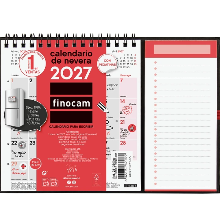 Finocam Neutro Calendario con Iman - Anual 2027 - Mes Vista - Formato XS - 140x150mm - Base 220x160mm - Espiral Doble - Papel de 120g/m2 - Espacio par 1