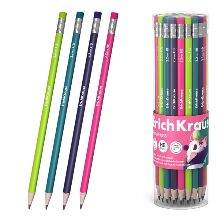 ErichKrause Panda Hugs Lapiz de Grafito con Goma de Borrar - Mina HB - Cuerpo Redondo - Agarre Ergonomico - Colores Surtidos 1