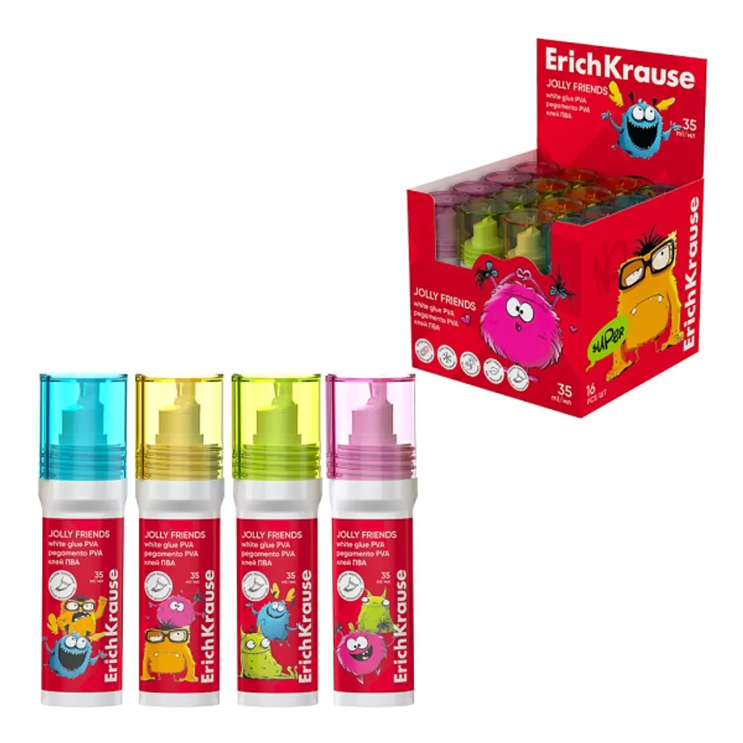 ErichKrause Jolly Friends Expositor con 16 Botellas de Cola Blanca PVA - 35ml - No Toxico - Facil de Lavar con Agua - sin Disolventes - Multisuperfici 1