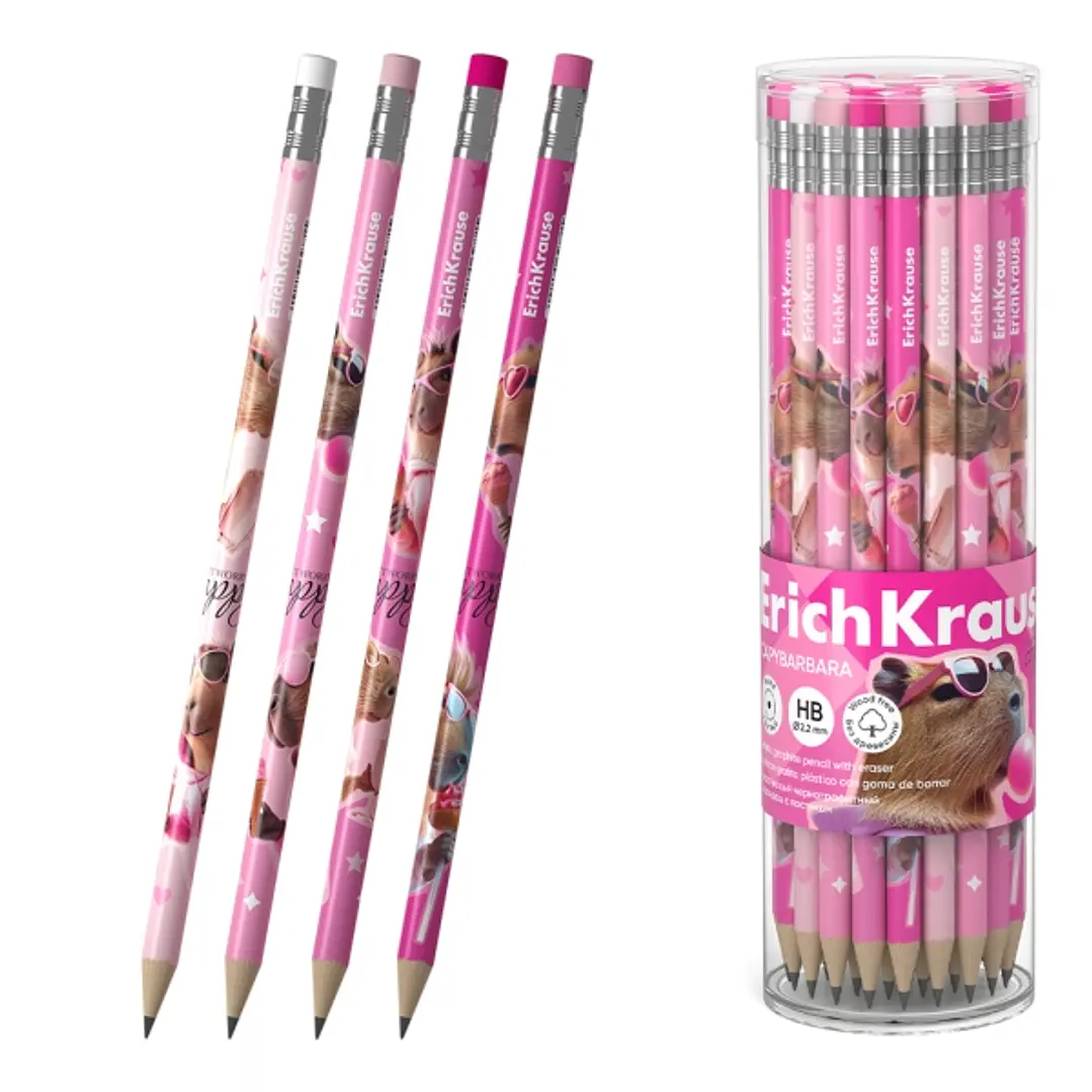 ErichKrause CapyBarbara Lapiz de Grafito con Goma de Borrar - Mina HB - Cuerpo Redondo - Plastico - Agarre Ergonomico - Colores Surtidos 1