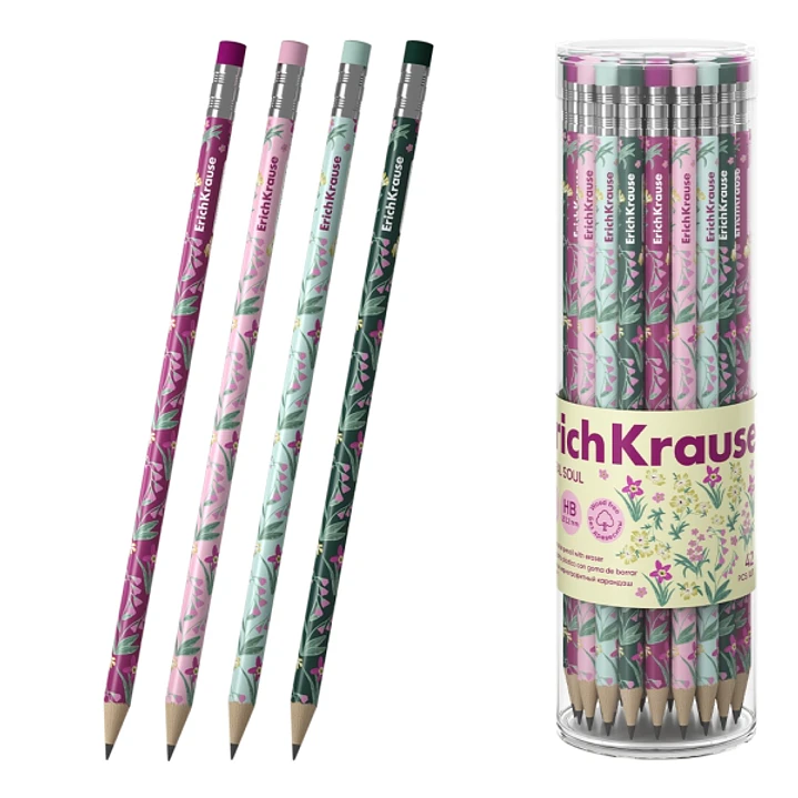 ErichKrause Floral Soul Lapiz de Grafito con Goma de Borrar - Mina HB - Cuerpo Redondo - Plastico - Agarre Ergonomico - Colores Surtidos 1