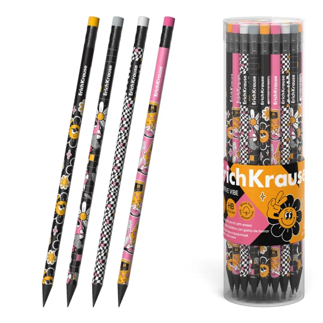 ErichKrause Positive Vibe Lapiz de Grafito con Goma de Borrar - Mina HB - Cuerpo Redondo - Plastico - Colores Surtidos 1
