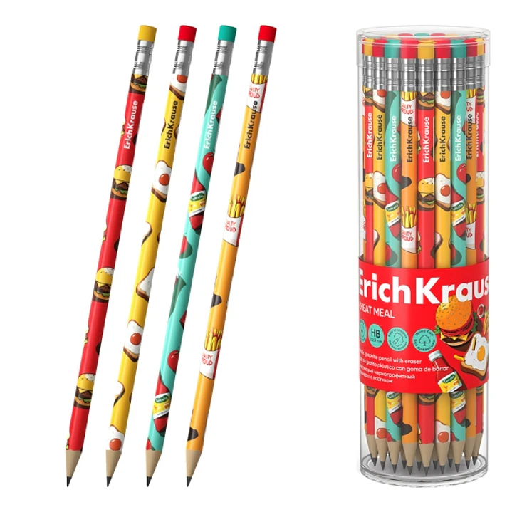 ErichKrause Cheat Meal Lapiz de Grafito con Goma de Borrar - Mina HB - Cuerpo Redondo - Plastico - Agarre Ergonomico - Colores Surtidos 1