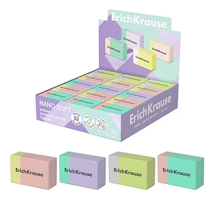 ErichKrause Nano Soft Expositor con 30 Gomas de Borrar - PVC Ecologico - Hipoalergenico - No Deja Residuos - Borrado Suave - Colores Surtidos