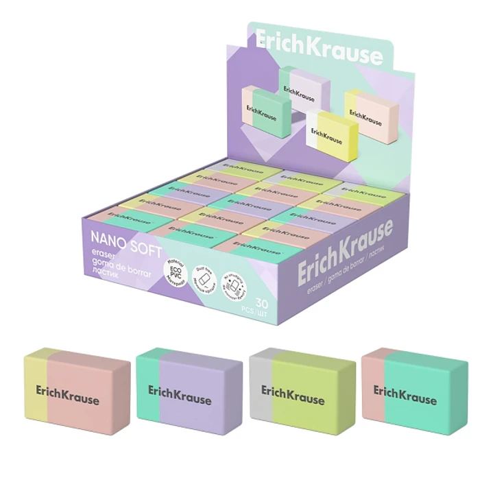 ErichKrause Nano Soft Expositor con 30 Gomas de Borrar - PVC Ecologico - Hipoalergenico - No Deja Residuos - Borrado Suave - Colores Surtidos 1