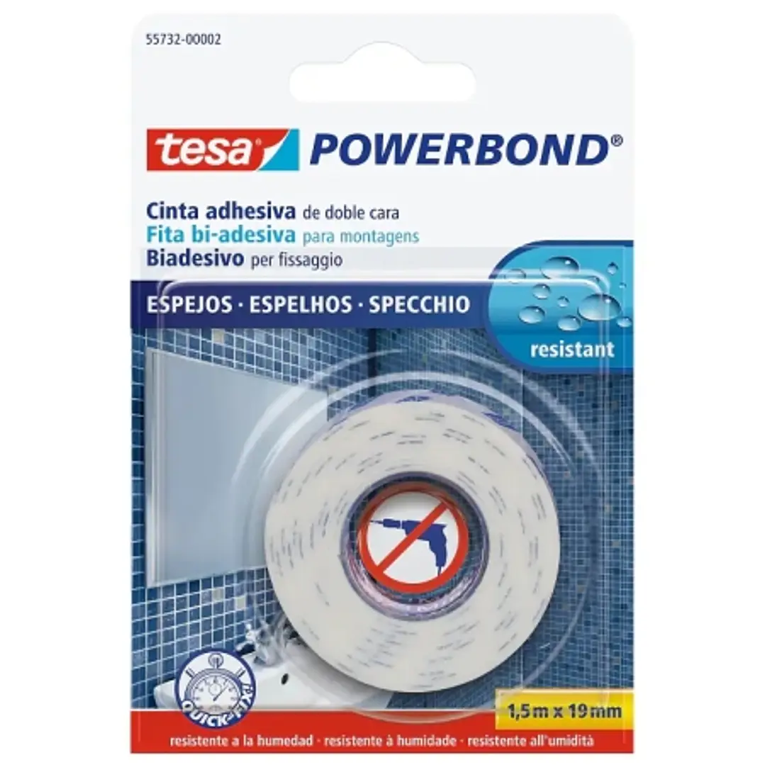 Tesa Powerbond Espejos Cinta Adhesiva de Doble Cara Especial para Espejos 19mm x 1.5m - Color Blanco 1
