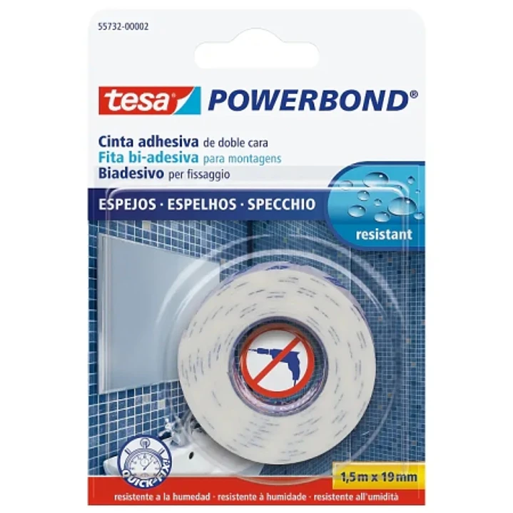 Tesa Powerbond Espejos Cinta Adhesiva de Doble Cara Especial para Espejos 19mm x 1.5m - Color Blanco 1