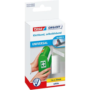 Tesa On & Off Cinta de Velcro 20mm x 1m - Se puede Abrir y Cerrar hasta 10.000 Veces - Color Blanco
