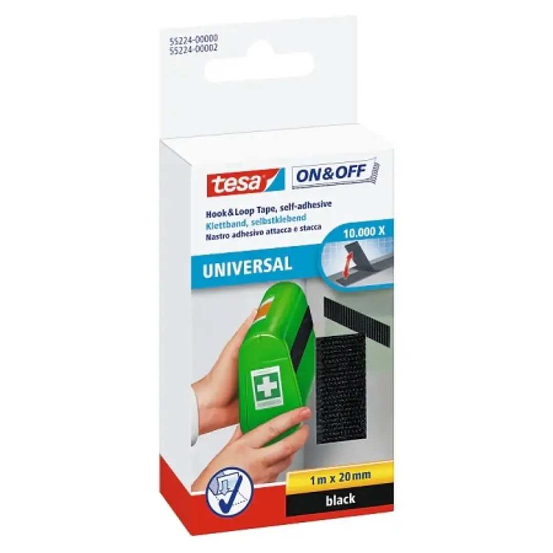 Tesa On & Off Cinta de Velcro 20mm x 1m - Se puede Abrir y Cerrar hasta 10.000 Veces - Color Negro 1