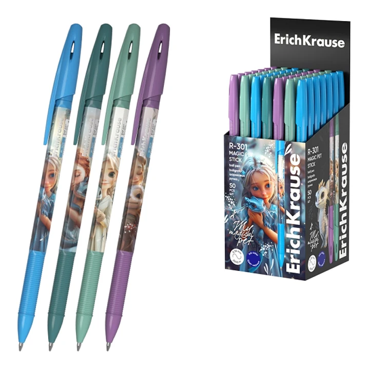 ErichKrause R-301 Stick Magic Pet Boligrafo con Capuchon - Modelos Surtidos - Trazo 0.35mm - Tinta de Secado Rapido - Tapa Ventilada - Color Azul 1