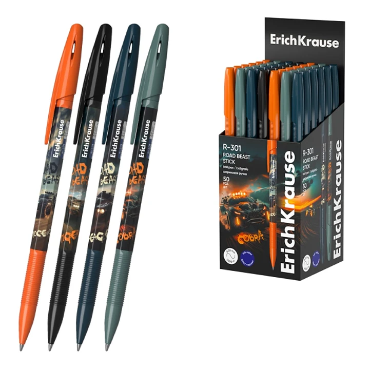 ErichKrause R-301 Stick Road Beast Boligrafo con Capuchon - Modelos Surtidos - Trazo 0.35mm - Tinta de Secado Rapido - Tapa Ventilada - Color Azul 1