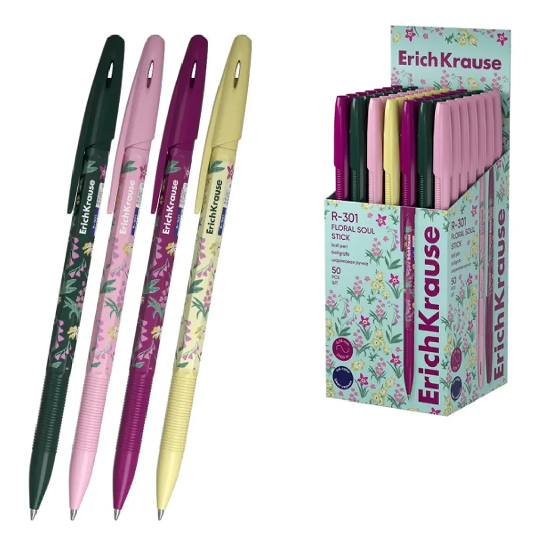 ErichKrause R-301 Stick Floral Soul Boligrafo con Capuchon - Modelos Surtidos - Trazo 0.35mm - Tinta de Secado Rapido - Tapa Ventilada - Color Azul 1