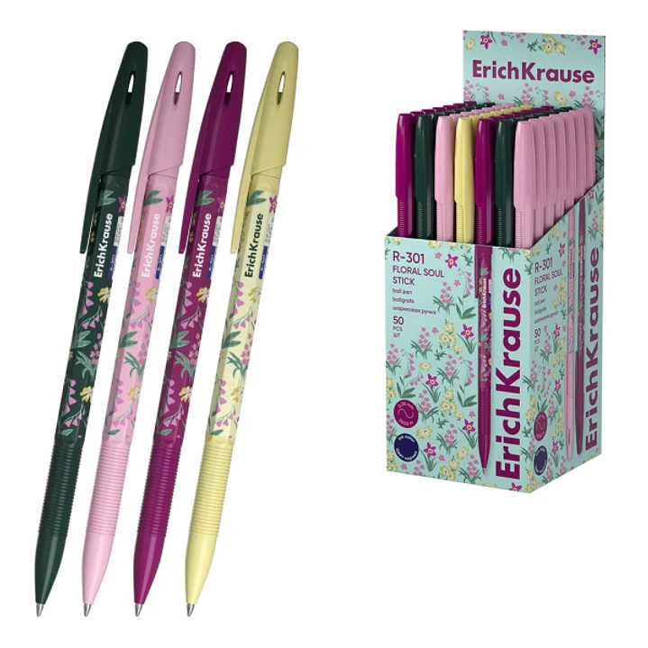 ErichKrause R-301 Stick Floral Soul Boligrafo con Capuchon - Modelos Surtidos - Trazo 0.35mm - Tinta de Secado Rapido - Tapa Ventilada - Color Azul 1
